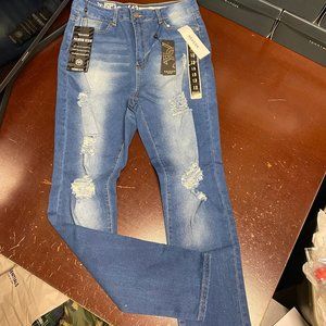 Reason Womens Blue Medium Wash Pockets Distressed Straight Denim Jeans Size 13